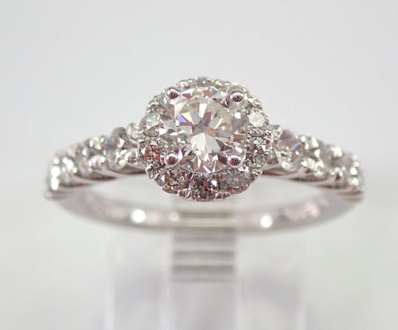 Genuine Diamond Engagement Ring - Solid 14K White Gold Halo Ring - Bridal Fine Jewelry