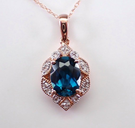 London Blue Topaz Halo Pendant and Chain - Rose Gold Dangle Charm Necklace - Genuine Diamond and Gemstone Setting