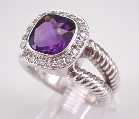 14K White Gold Amethyst and Diamond Ring: Braided Multi Row Halo Gemstone Setting