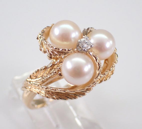 Vintage Pearl and Diamond Ring - 14K Yellow Gold Unique Cluster Setting - June Birthstone Jewelry Gift