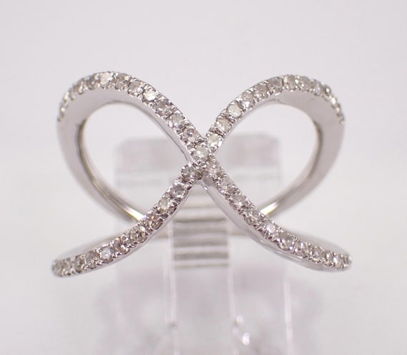 White Gold Diamond Crossover Ring - Double Row Bridge Band - Unique Anniversary Fine Jewelry Gift