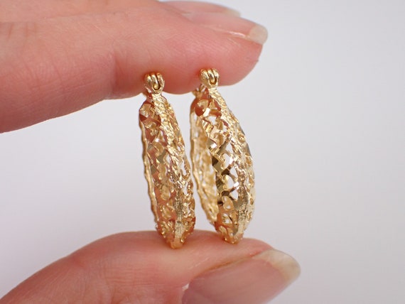 80s Vintage Hoop Earrings - Estate 14K Yellow Gol… - image 4