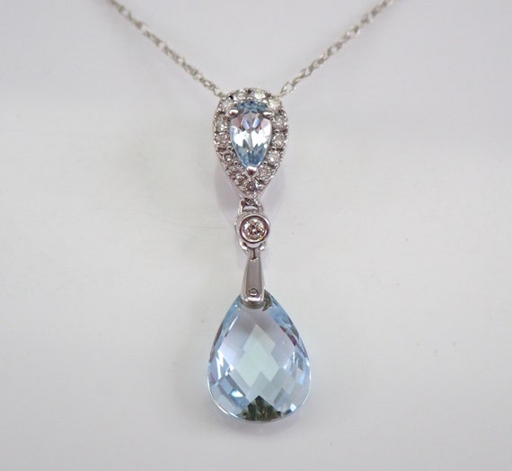 Aquamarine Briolette Necklace - 14K White Gold Pendant and Chain - March Gemstone Gift for Women