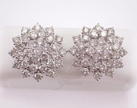 14K White Gold Diamond Stud Earrings - Dainty Cluster Halo Screwback Studs