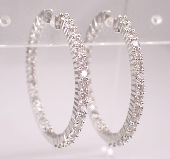 14K White Gold Diamond Hoop Earrings - Inside and Out All The Way Around Hoops - Bridal Fine Jewelry Gift