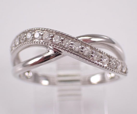 White Gold Diamond Crossover Wedding Ring: Stackable Bypass Anniversary Band