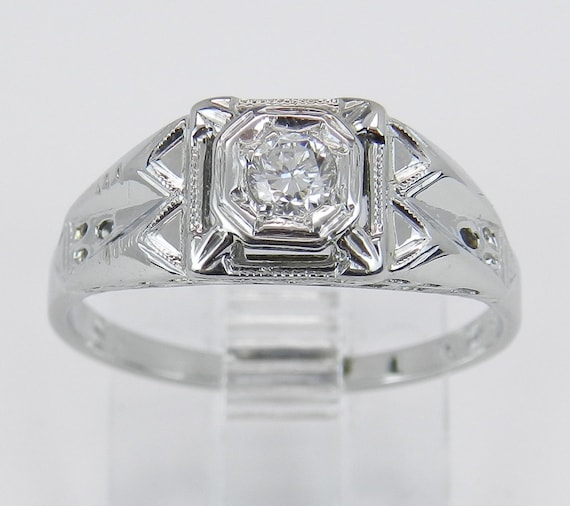 18K White Gold Diamond Engagement Ring - Antique Art Deco Solitaire Setting - Vintage Bridal Fine Jewelry Gift