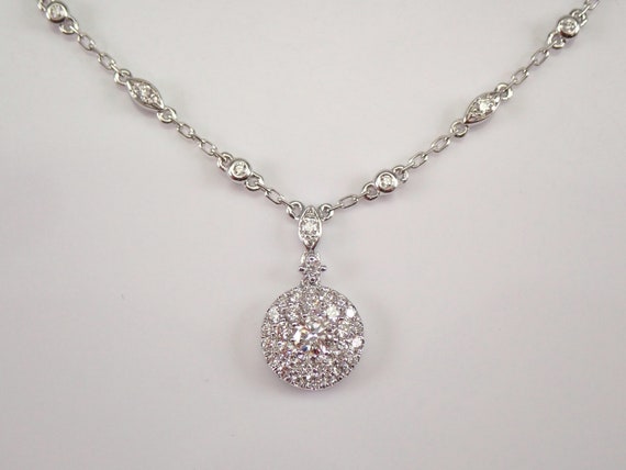 Diamond Station Choker Necklace, 14k White Gold Halo Drop Cluster Pendant