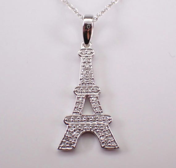Diamond Eiffel Tower Pendant and Chain, White Gold Choker Charm Necklace, Symbolic Jewelry Gift