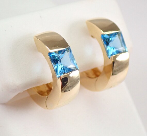 Square Blue Topaz Hoop Earrings - 14K Yellow Gold Gemstone Huggies - December Birthstone Jewelry Gift