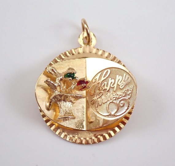 Vintage 14K Gold HAPPY ANNIVERSARY Charm, Estate Ruby and Emerald Flower Basket Pendant