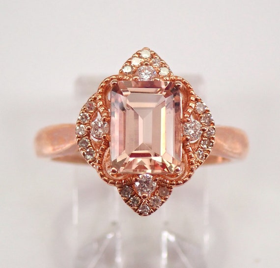 Emerald Cut Morganite and Diamond Ring - Rose Gold Engagement Promise Ring - Vintage Style Bridal Jewelry Setting
