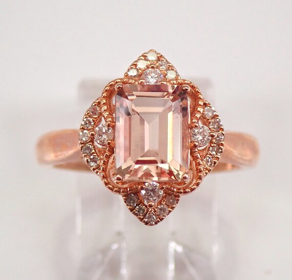 Morganite and Diamond Ring - Rose Gold Engagement Promise Ring - Vintage Style Bridal Jewelry Setting