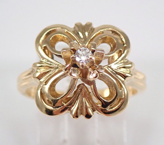 70s Vintage Diamond Ring - Estate 14K Yellow Gold Clover Ring - Floral Solitaire Fine Jewelry Gift