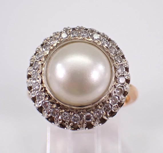 Mabe Pearl and Diamond Engagement Ring - Antique 14K Rose and White Gold Halo Bridal Setting - June Birthstone Jewelry Gift