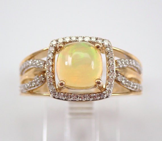Opal and Diamond Halo Ring - Yellow Gold Engagement Promise Ring - October Birthstone Gemstone Jewelry