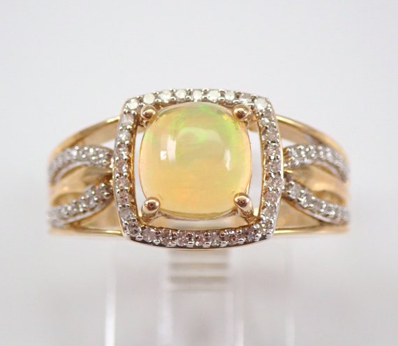 Yellow Gold Opal and Diamond Ring - Gemstone Engagement Promise Band - October Birthstone Fine Jewelry Gift