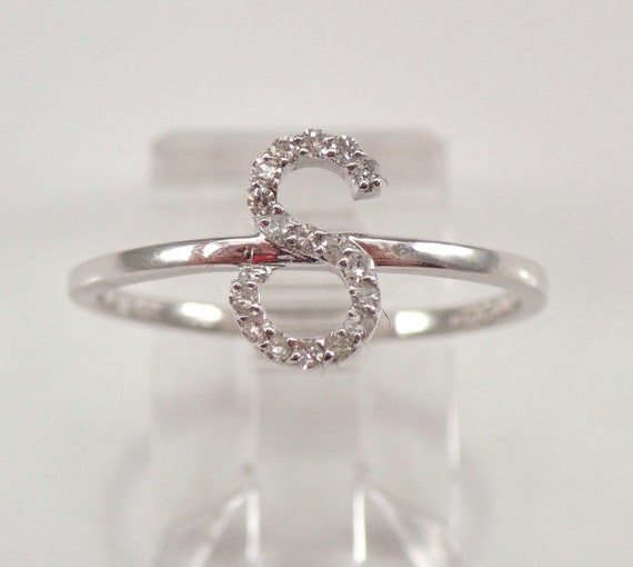 White Gold Diamond INITIAL Ring,  Dainty Letter S Name Band, Best Friend Gift Graduation Sweet 16 Present