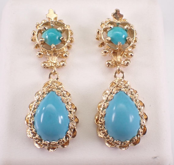 Vintage 14K Yellow Gold Turquoise Earrings: Estate Teardrop Dangle Setting