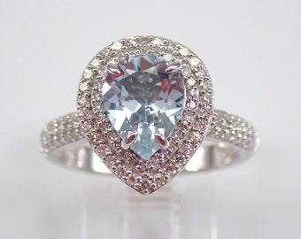 Teardrop Aquamarine Engagement Ring, 14k White Gold Diamond Halo Setting,  March Aqua Marine Birthstone Jewelry Gift