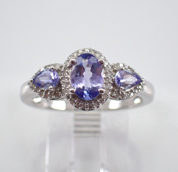 Tanzanite and Diamond Ring, White Gold Gemstone Anniversary Band, Three Stone Past Present Future Jewelry Gift