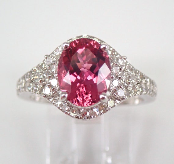 Pink Tourmaline and Diamond Ring - 14k White Gold Engagement Setting -  Unique Bridal Fine Jewelry Gift