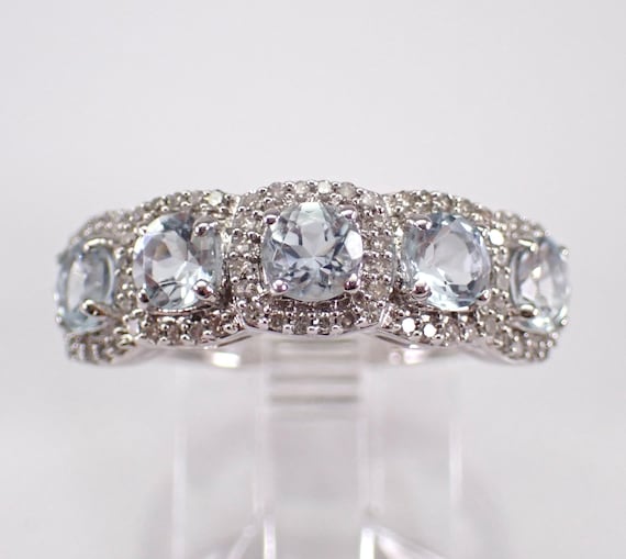 White Gold Aquamarine Ring - Diamond Wedding Anniversary Band - March Aqua Marine Birthstone Jewelry Gift