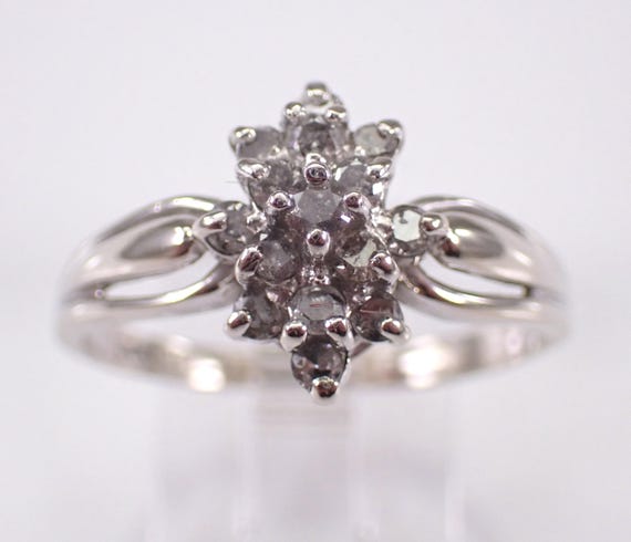 Vintage White Gold Diamond Cluster Ring: Simple Engagement Promise Setting - Dainty Bridal Fine Jewelry Gift