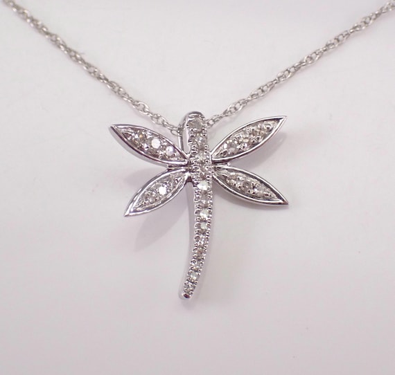 Diamond Dragonfly Pendant and Chain, Dainty White Gold Charm Necklace