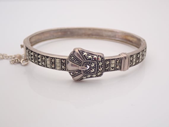 Sterling Silver Belt Buckle Bangle Bracelet, Vintage Marcasite Gemstone Setting, Unique Antique Jewelry Gift