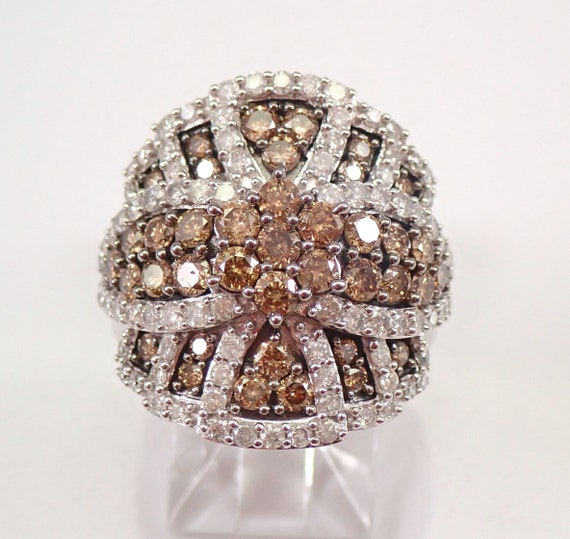 Brown Diamond Cluster Ring - White Gold Flower Right Hand Band - Fancy Colored Fine Jewelry Gift