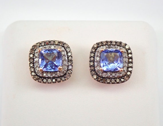 14K Rose Gold Tanzanite Stud Earrings - Cognac Diamond Halo Studs - Cushion Cut December Gemstone Jewelry Gift