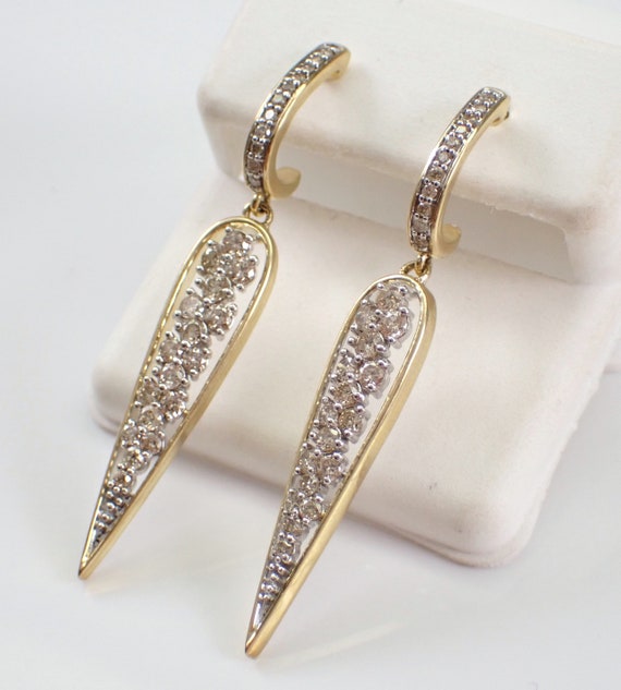 Long Diamond Dangle Earrings - Yellow Gold Geometric Teardrop Design - Modern Triangle Jewelry Gift
