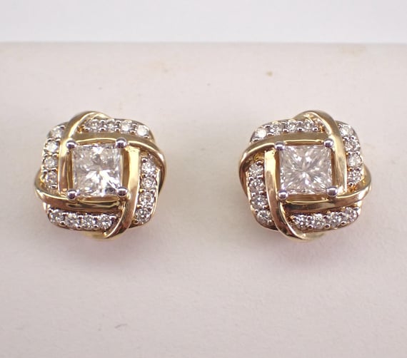 Yellow Gold Diamond Stud Earrings: Princess Cut Square Unique Halo Studs