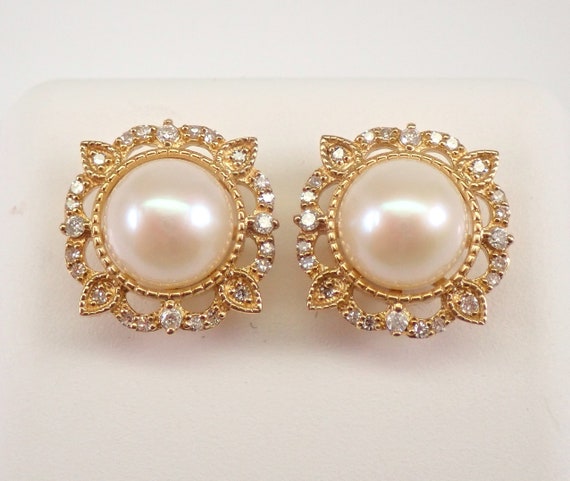 Pearl and Diamond Stud Earrings - Solid Yellow Gold Halo Studs - June Birthstone Snowflake Design