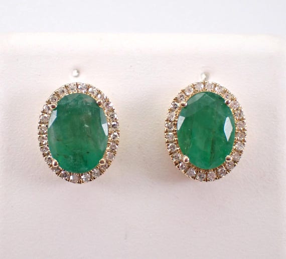 Emerald and Diamond Stud Earrings - Yellow Gold Halo Screwback Studs - May Birthstone Fine Jewelry Gift