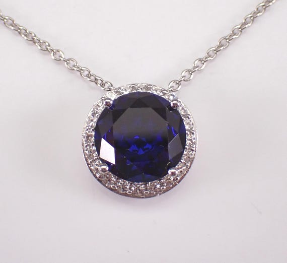Estate Sterling Silver Blue Gemstone Necklace, Unique Dainty Halo Charm Pendant, Vintage Everyday Choker Chain Jewelry Gift