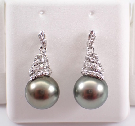 Black Tahitian Pearl and Diamond Earrings - 14K White Gold Fine Jewelry Gift - June Birthstone Gemstone