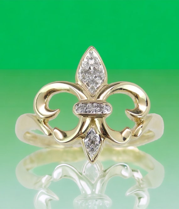Solid 14K Yellow Gold Diamond Fleur De Lis Ring