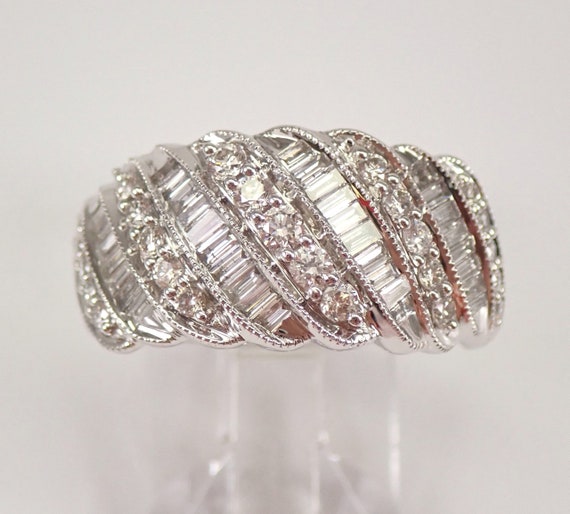 White Gold Diamond Anniversary Ring - Unique Wide Bridal Wedding Band - GalaxyGems Fine Jewelry Gift