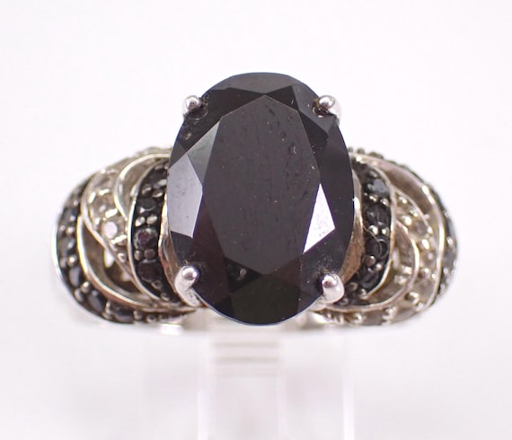 Vintage Sterling Silver Onyx Ring - Estate Black and White CZ Gemstone Band - Unique Abstract Modern Jewelry Gift