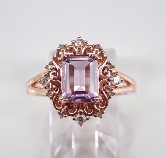 Amethyst and Diamond Engagement Ring - Rose Gold February Gemstone Jewelry Gift - Unique Snowflake Halo Setting