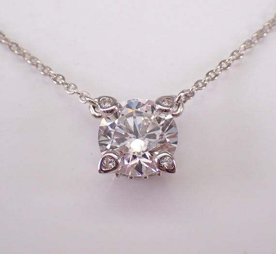 Sterling Silver Cubic Zirconia Solitaire Necklace, Station CZ Charm Pendant and Chain, Unique Estate Bridal Jewelry Gift