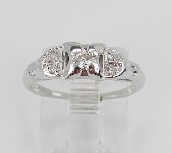 30s Antique Diamond Pinky Ring - Vintage 14K White Gold Band - Genuine Petite Bridal Engagement Gift