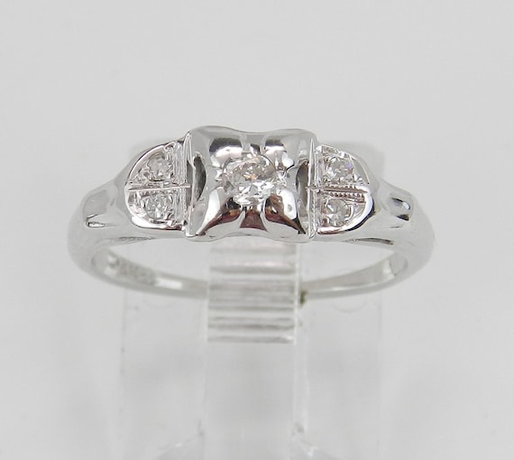 Antique 14K White Gold Diamond Ring - Vintage Dainty Pinky Band - Genuine Petite Bridal Engagement Gift