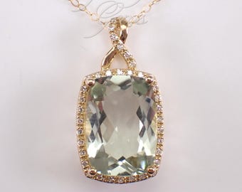 Yellow Gold Prasiolite and Diamond Necklace: Large Cushion Cut Green Amethyst Halo Charm Pendant and Chain