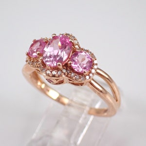 14K Rose Gold Pink Topaz Ring Three Stone Diamond Halo Anniversary Band Unique Bridal Wedding Gift image 3