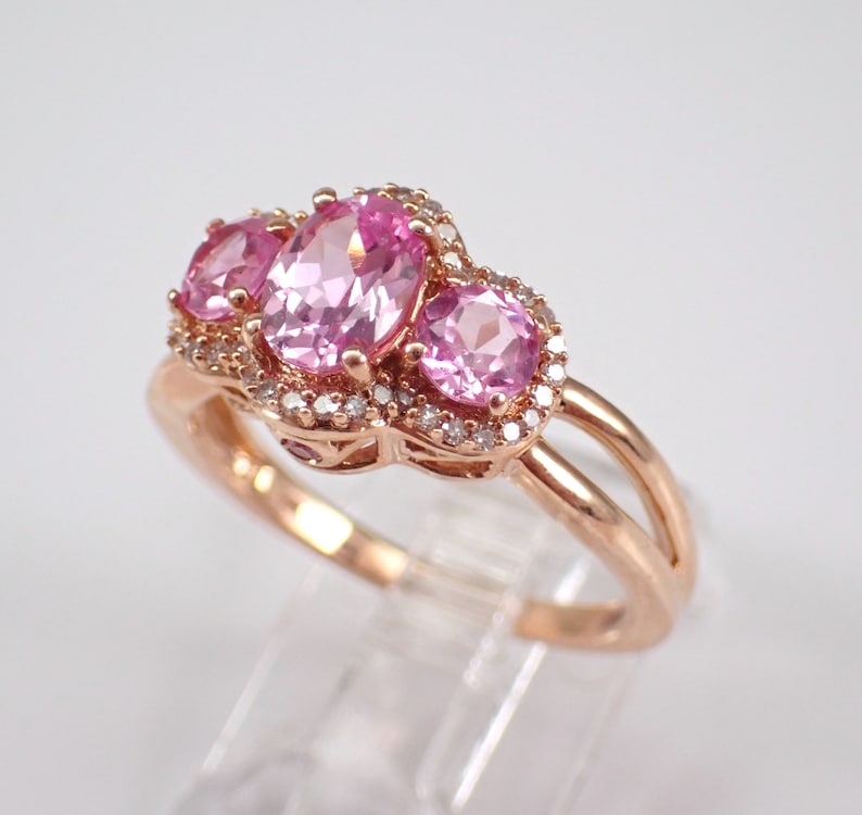 14K Rose Gold Pink Topaz Ring Three Stone Diamond Halo Anniversary Band Unique Bridal Wedding Gift image 3