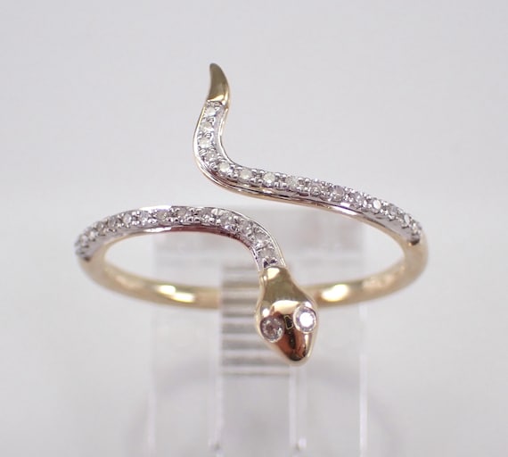 Yellow Gold Diamond Snake Ring - Unique Crossover Bypass Wraparound Band - GalaxyGems Dainty Fine Jewelry Gift
