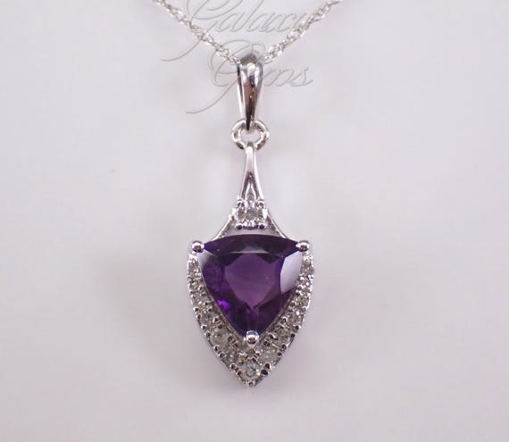 White Gold Amethyst and Diamond Necklace, Triangle Dart Charm Pendant and Chain